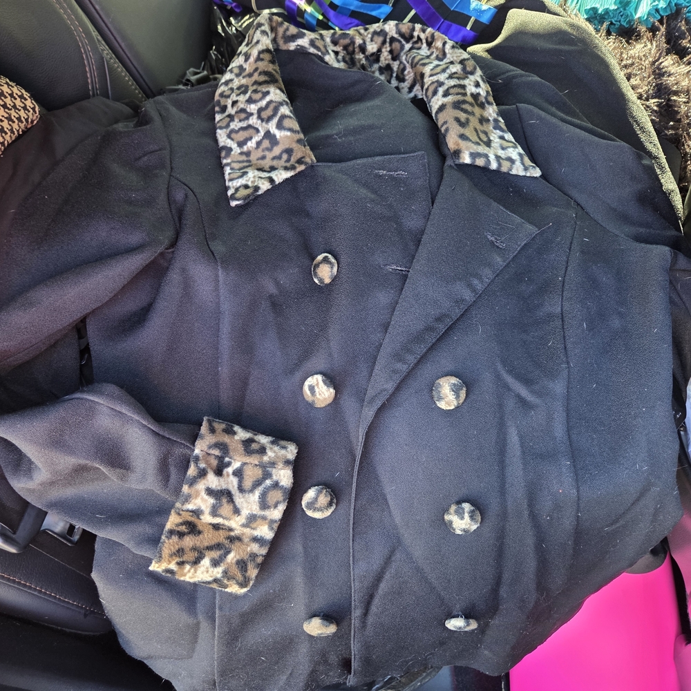 Black Coat with Leopard Print Accents